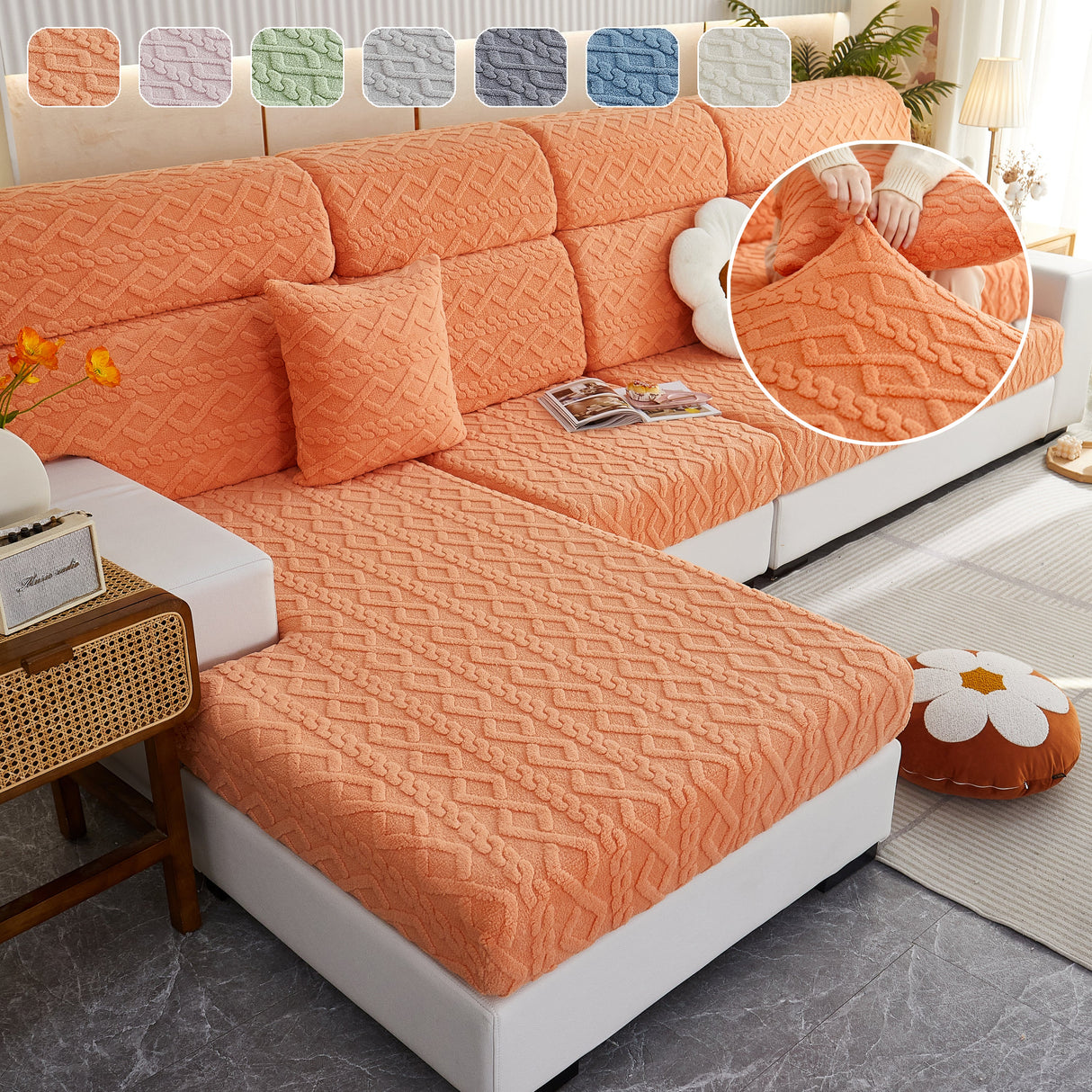 Stretchable Cotton Velvet Non-Slip Furniture Covers Couch Cushion Covers for L-Shaped Sofa, Pets