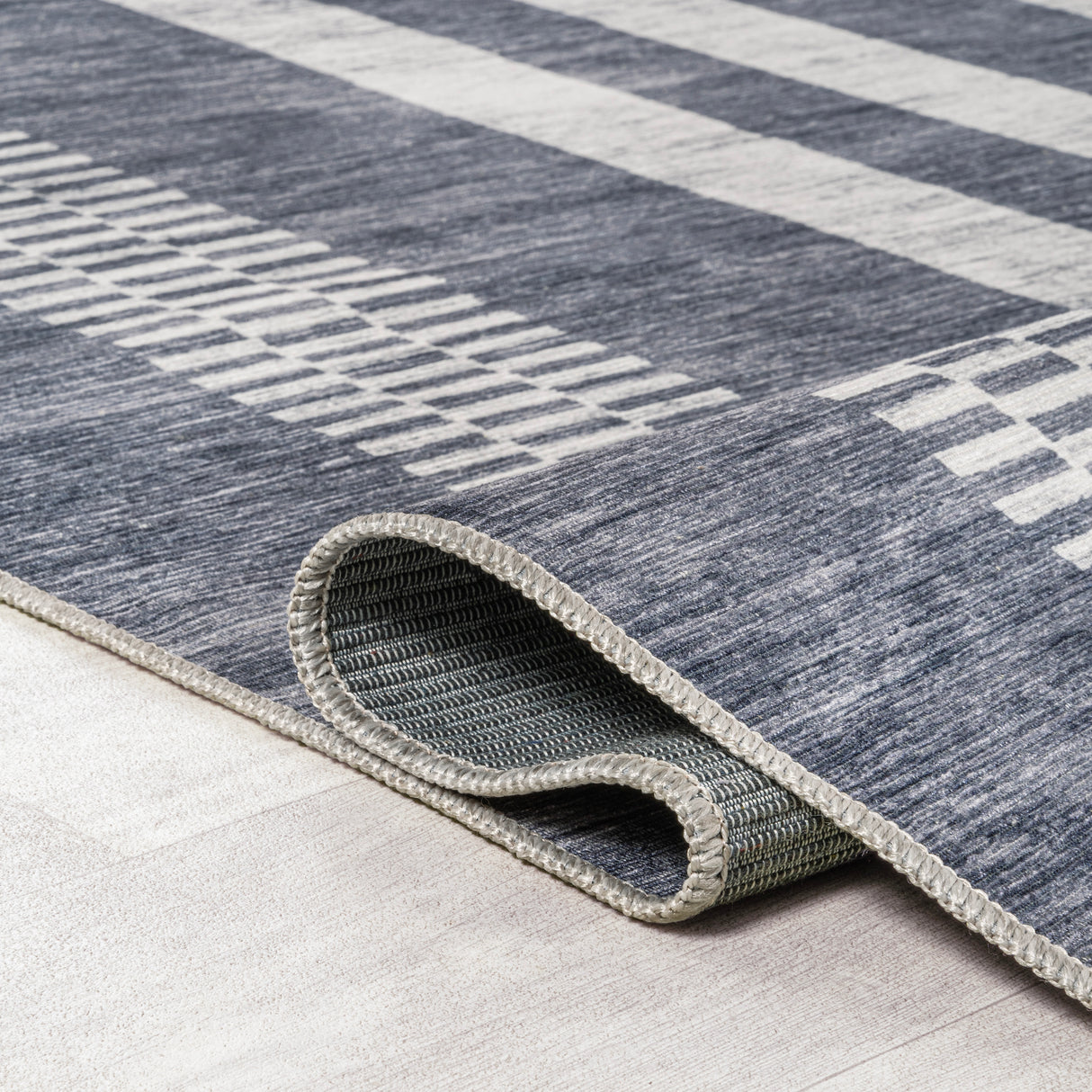 Vichy Geometric Striped Machine-Washable Slate Runner Rug