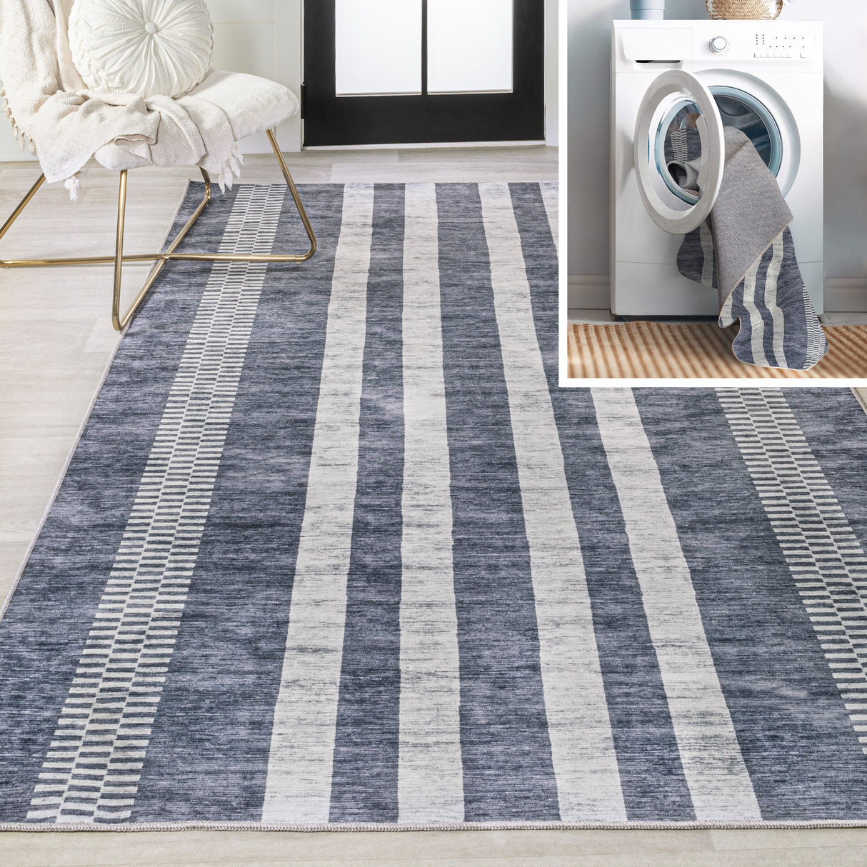 Vichy Geometric Simple Striped Machine-Washable Area Rug