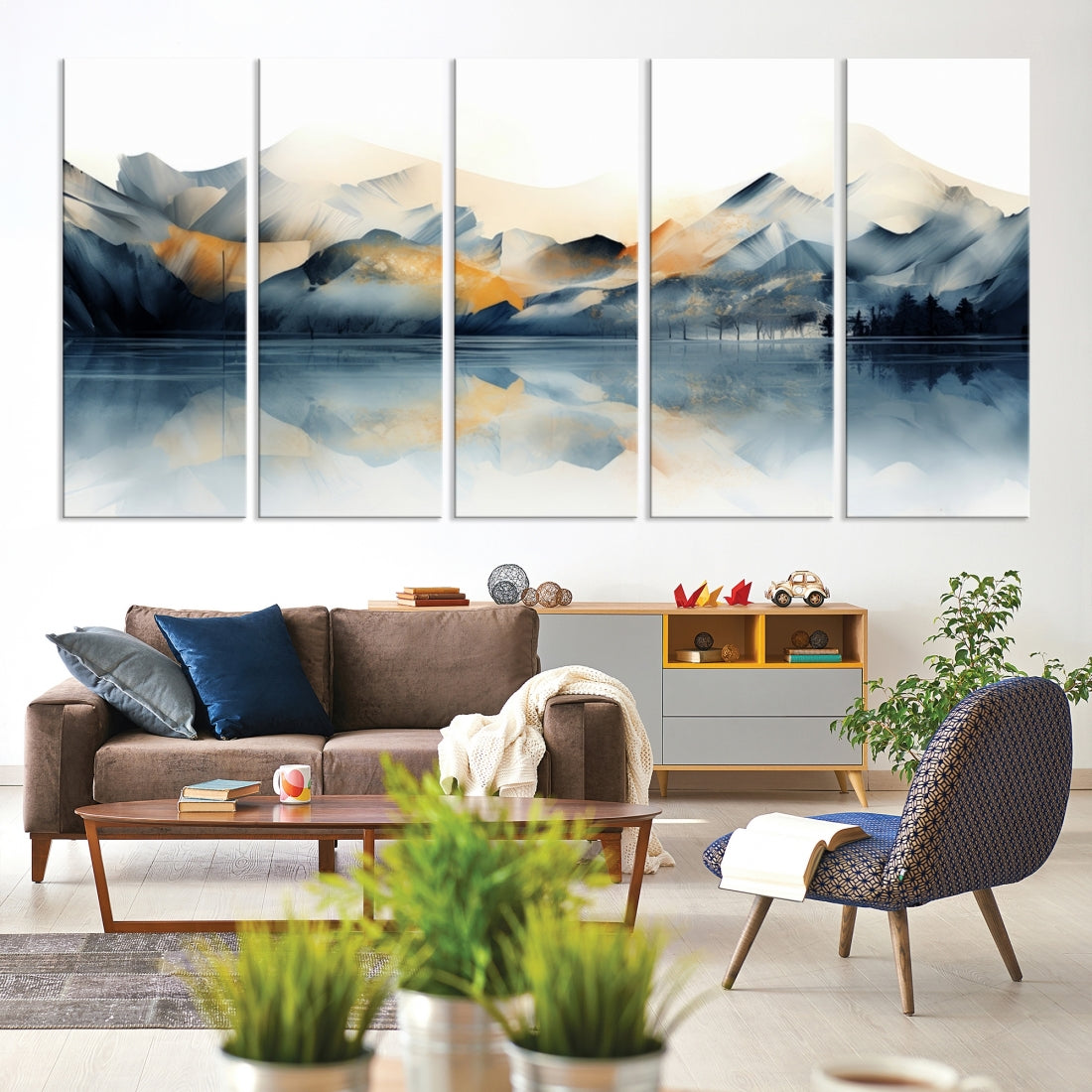 Watercolor Abstract Mountain Lake Wall Art Canvas Print