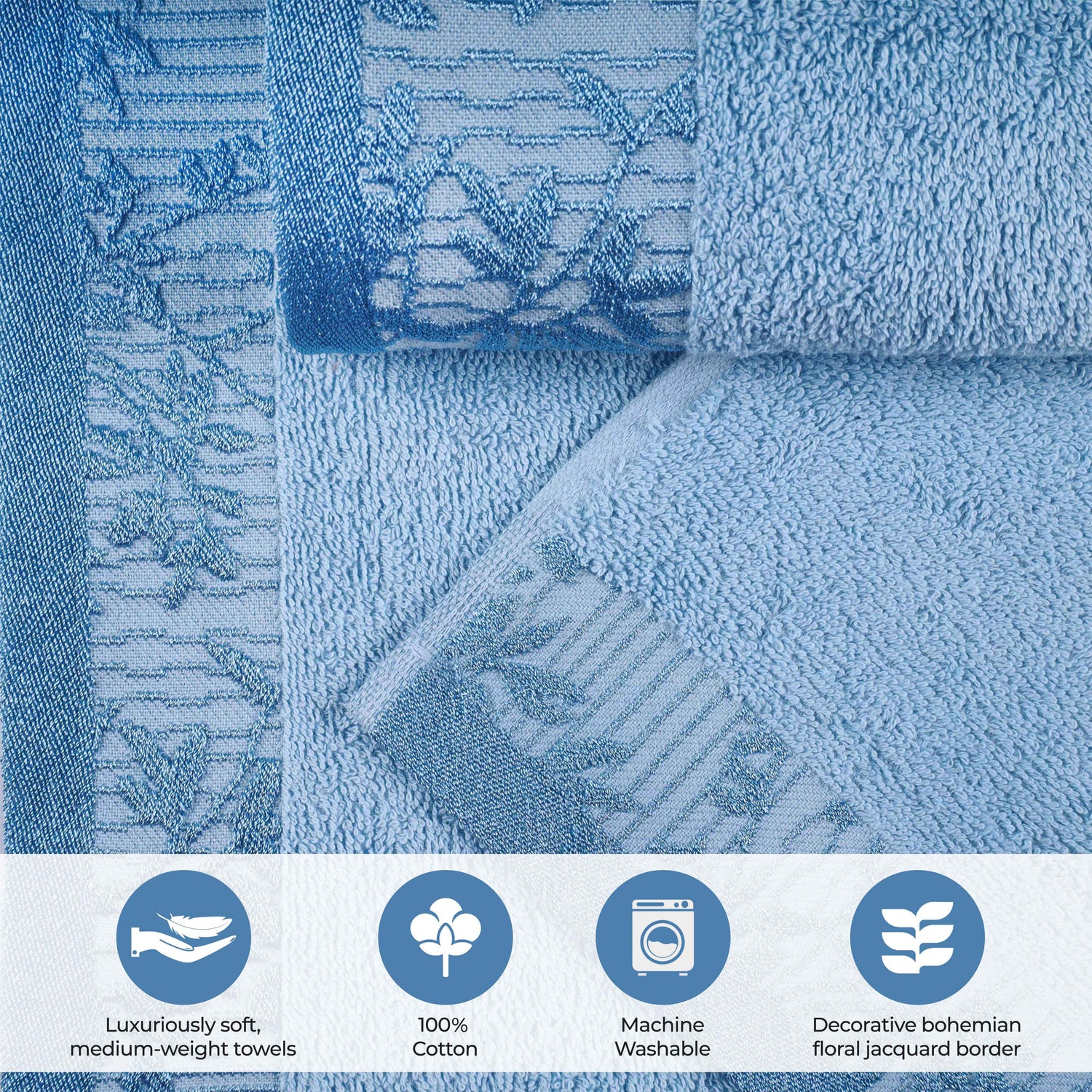 Cotton Floral Jacquard Border Bath Towel Set of 4 - Bath Towel by Superior Brand