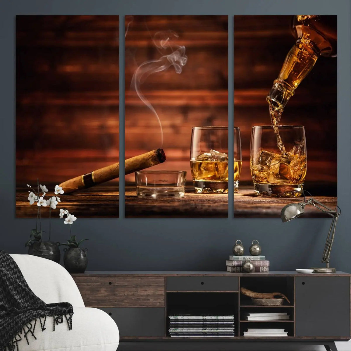 Whiskey and Cigar Canvas Wall Art | 3 Panel Bar Room Decor