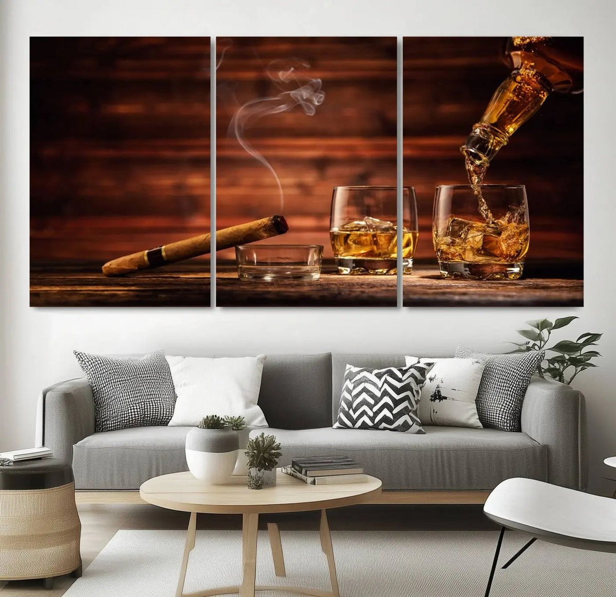 Whiskey and Cigar Canvas Wall Art | 3 Panel Bar Room Decor