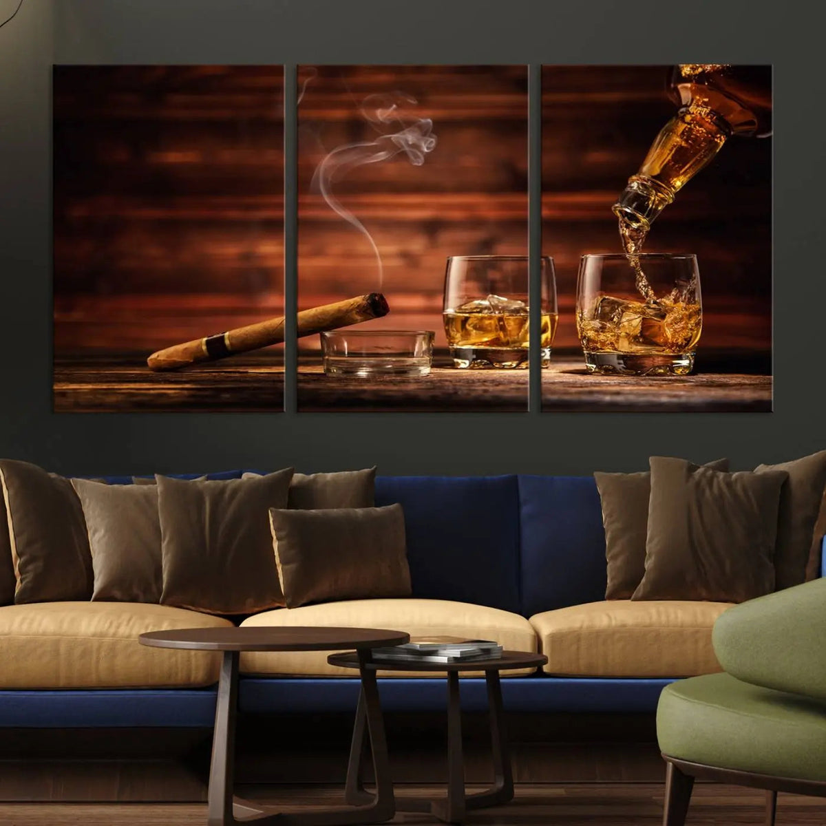 Whiskey and Cigar Canvas Wall Art | 3 Panel Bar Room Decor