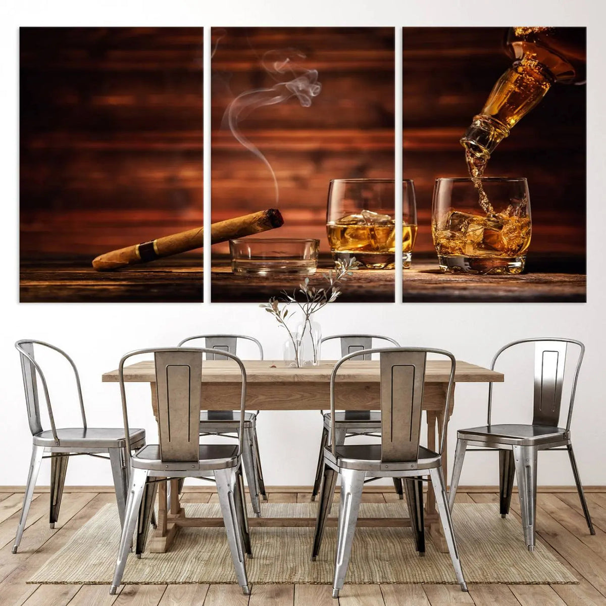 Whiskey and Cigar Canvas Wall Art | 3 Panel Bar Room Decor
