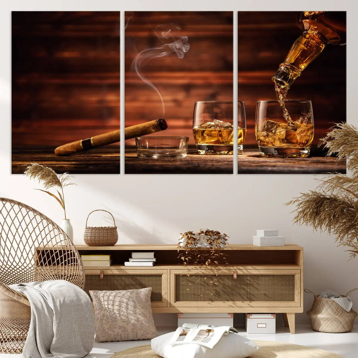 Whiskey and Cigar Canvas Wall Art | 3 Panel Bar Room Decor