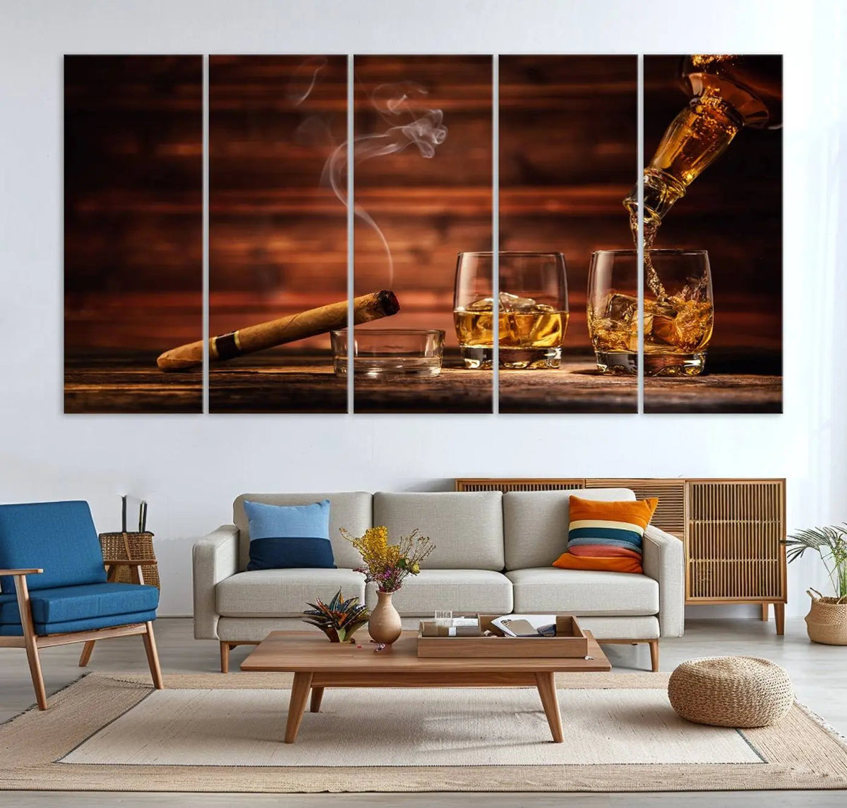 Whiskey and Cigar Canvas Wall Art | 3 Panel Bar Room Decor