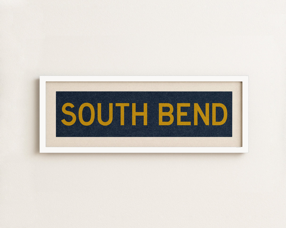 Framed South Bend Navy and Gold Bus Scroll