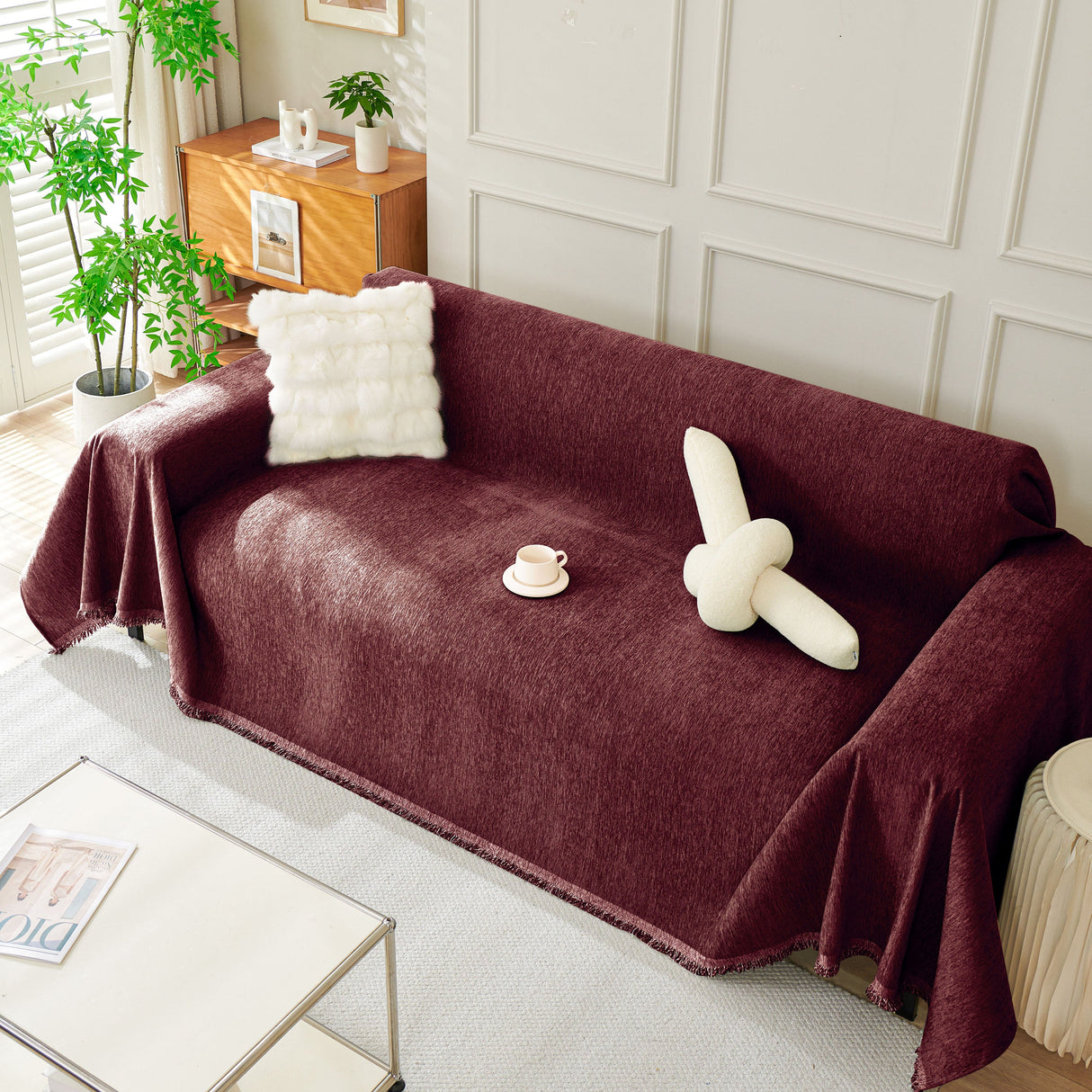 Solid Color Chenille Sofa Throw Blanket, Soft & Plush Decorative Couch Throw Cover