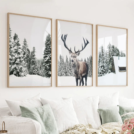 3-Piece-Christmas-Wall-Art.-Forest,-Log-Cabin,-Reindeer-Wall-Art-Set