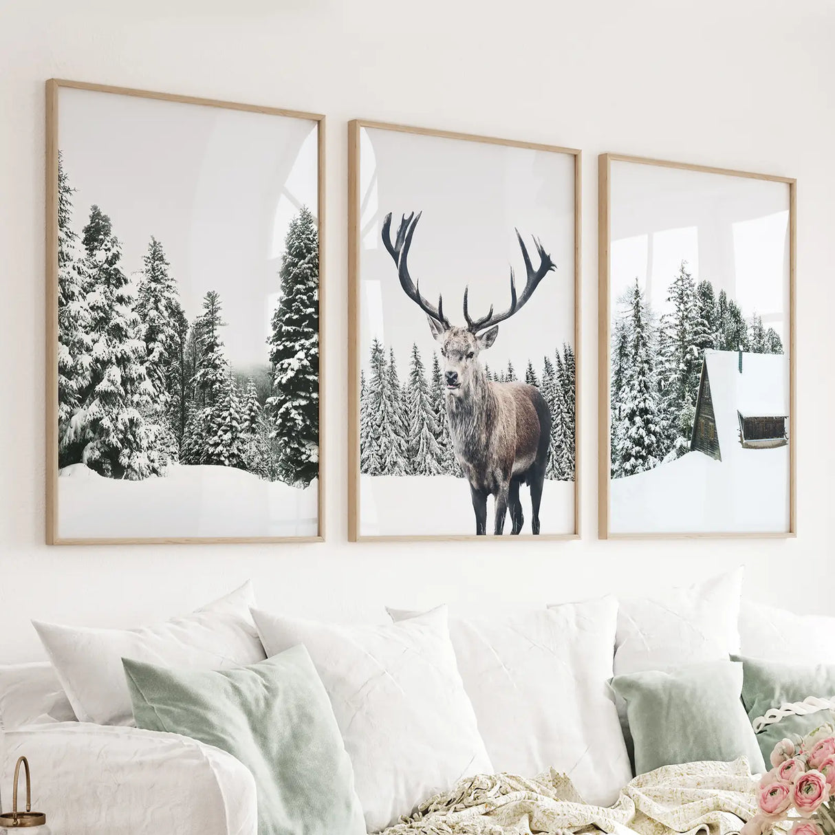 3-Piece-Christmas-Wall-Art.-Forest,-Log-Cabin,-Reindeer-Wall-Art-Set