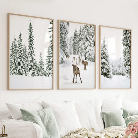 3-Piece-Winter-Landscape-Wall-Art.-Snowy-Pine-Forest,-Fawn-Wall-Art-Set