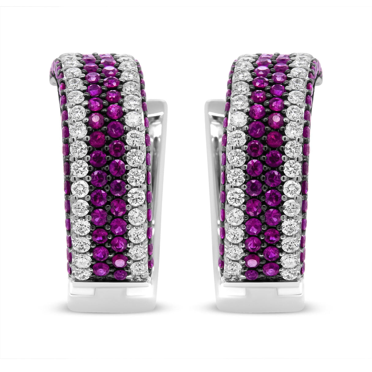 18K White Gold 1 7/8 Cttw Diamond and 1mm Round Red Ruby Open Swish Hoop Earrings (F-G Color, VS1-VS2 Clarity)