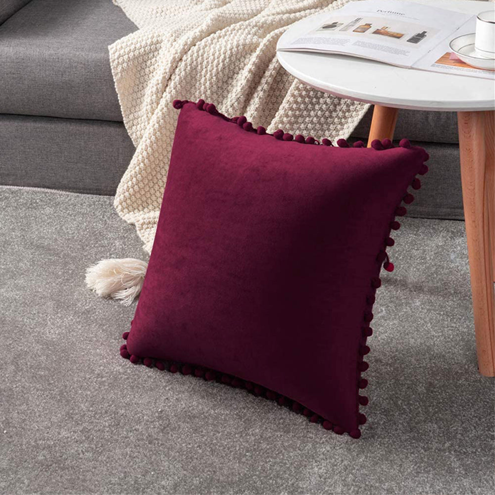 18''x18''-velvet-pom-pom-throw-pillow-|-7-colors-soft-&-playful-ball-trim-design-|-fun-couch-&-bedroom-accent-|-insert-included-Throw-Pillow