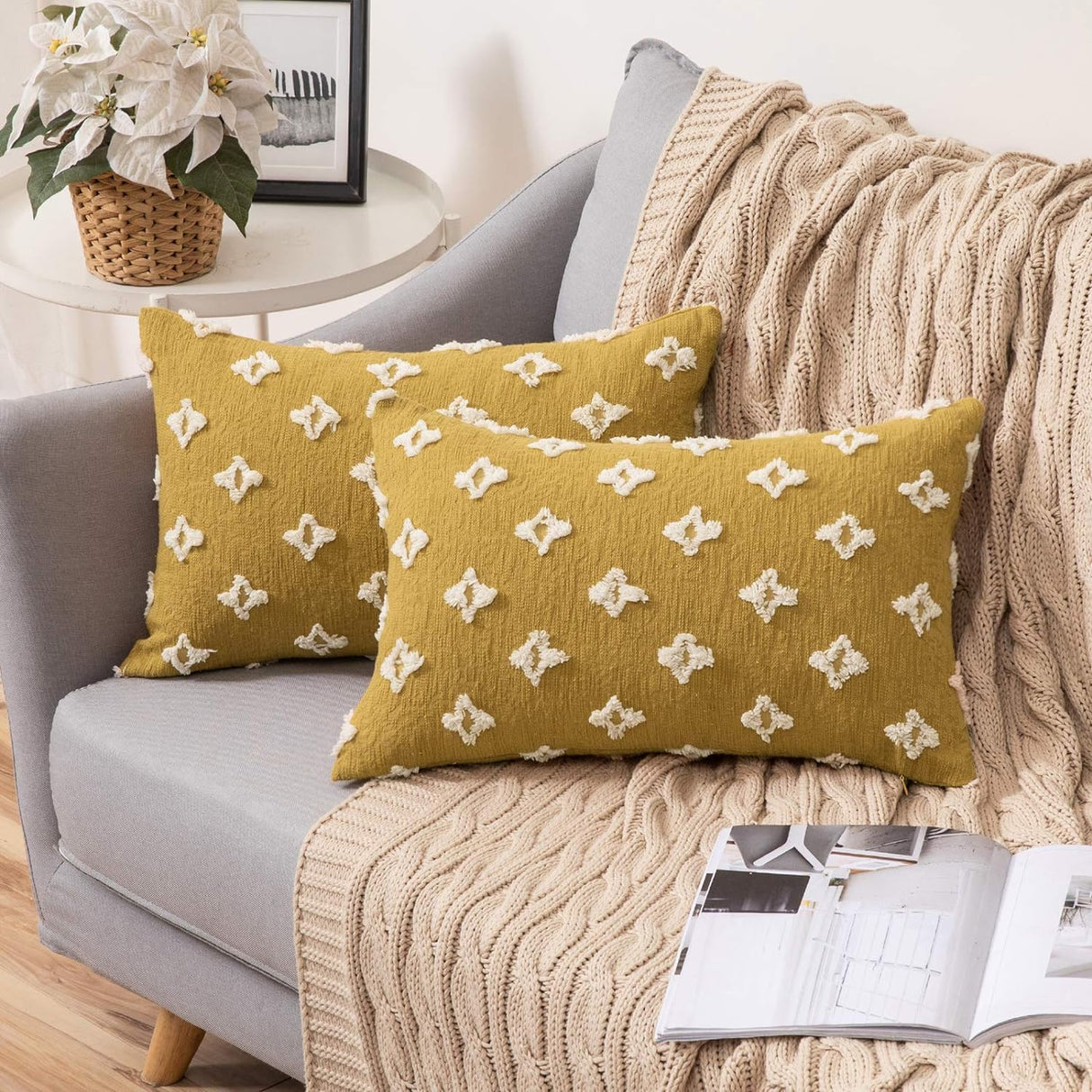 12''x20''-Tufted-Floral-lumbar-support-100%-cotton-Throw-Pillow-|-7-Colors-β-Textured-Daisy-Stitch-Design-|-Boho-Chic-Lumbar-&-Accent-Pillow-|-Insert-Included-Throw-Pillows