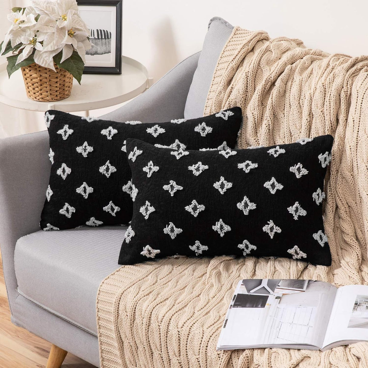 12''x20'' Tufted Floral lumbar support 100% cotton Throw Pillow | 7 Colors β Textured Daisy Stitch Design | Boho Chic Lumbar & Accent Pillow | Insert Included