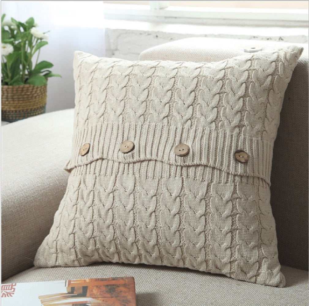 18"x18" Cable Knit Sweater-Style Throw Pillow | Wooden Button Accents | 5 Color Options + Insert Sizes