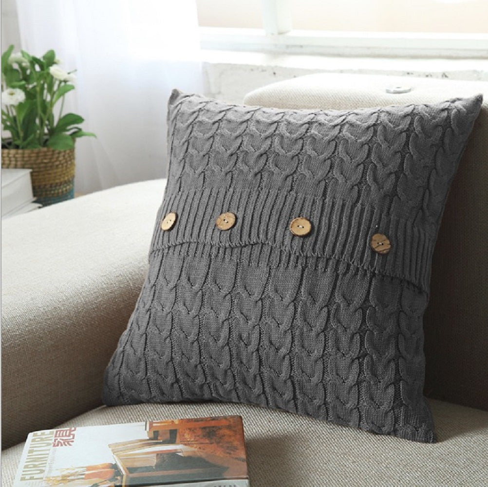 18"x18" Cable Knit Sweater-Style Throw Pillow | Wooden Button Accents | 5 Color Options + Insert Sizes