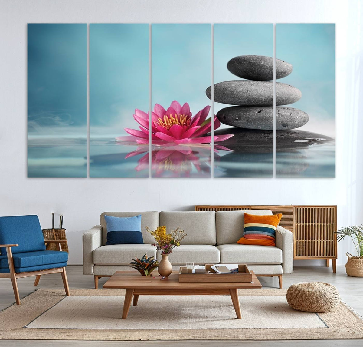 Zen Serenity Triptych Canvas Art, Lotus Flower and Balancing