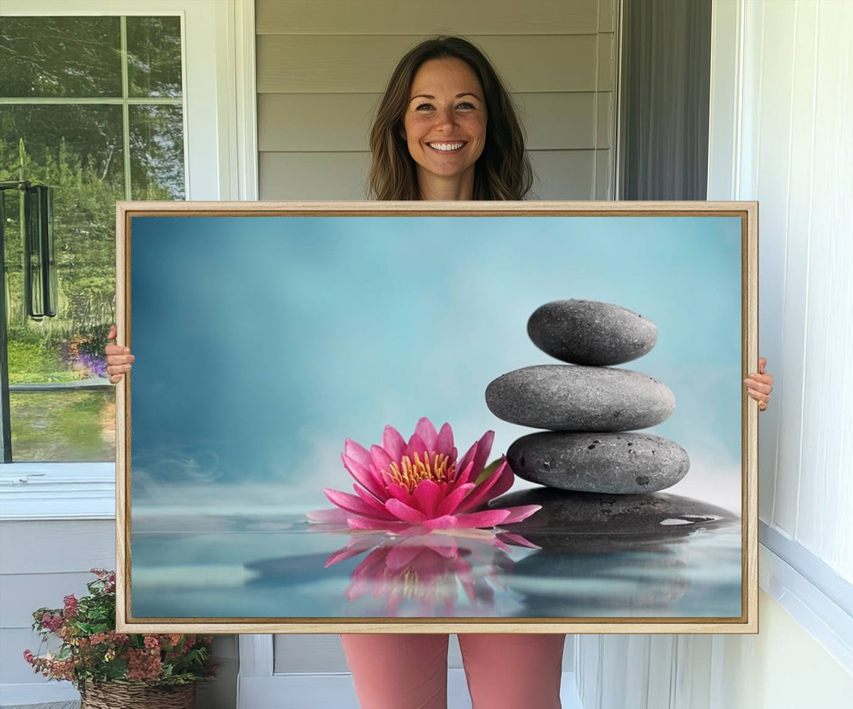Zen Serenity Triptych Canvas Art, Lotus Flower and Balancing