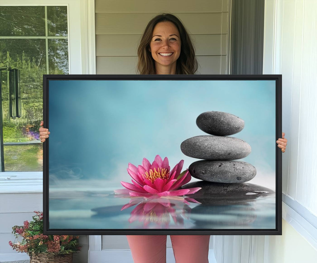 Zen Serenity Triptych Canvas Art, Lotus Flower and Balancing