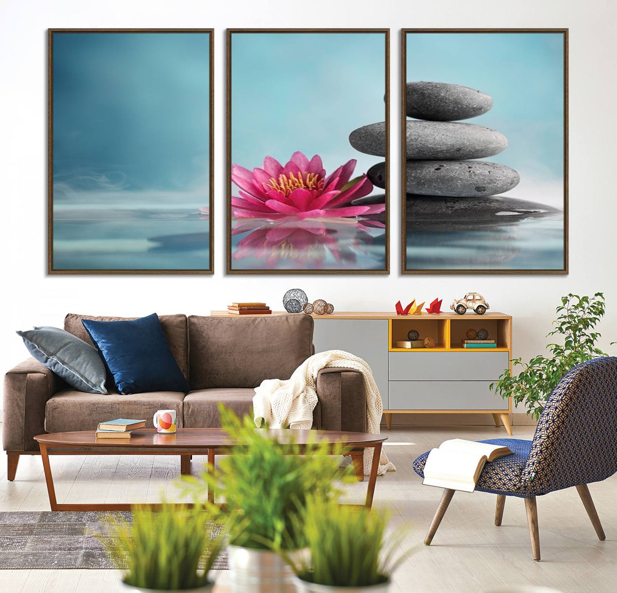 Zen Serenity Triptych Canvas Art, Lotus Flower and Balancing