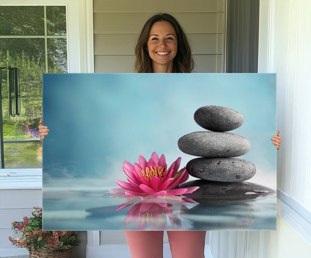 Zen Serenity Triptych Canvas Art, Lotus Flower and Balancing