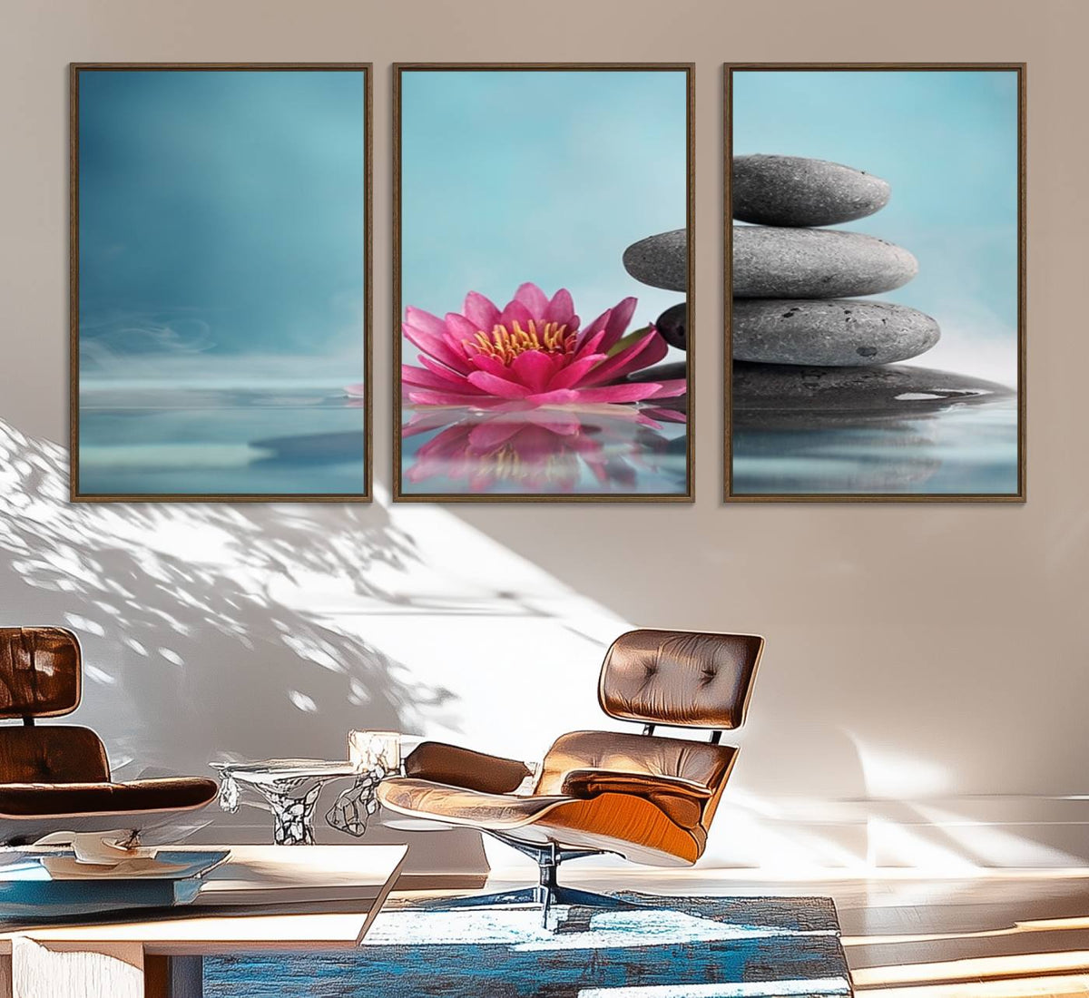 Zen Serenity Triptych Canvas Art, Lotus Flower and Balancing