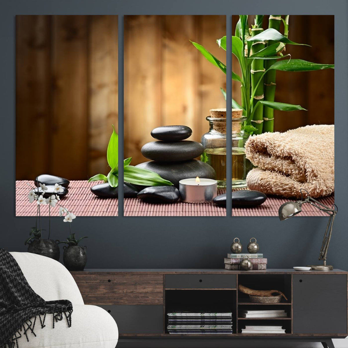 Zen Serenity Triptych Canvas Art, Pink Lotus Flower and