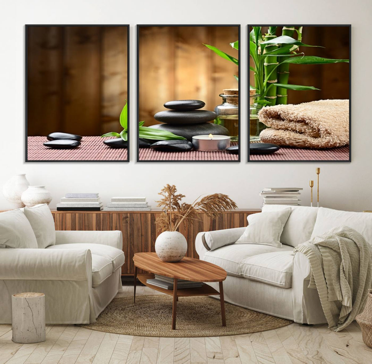Zen Serenity Triptych Canvas Art, Pink Lotus Flower and