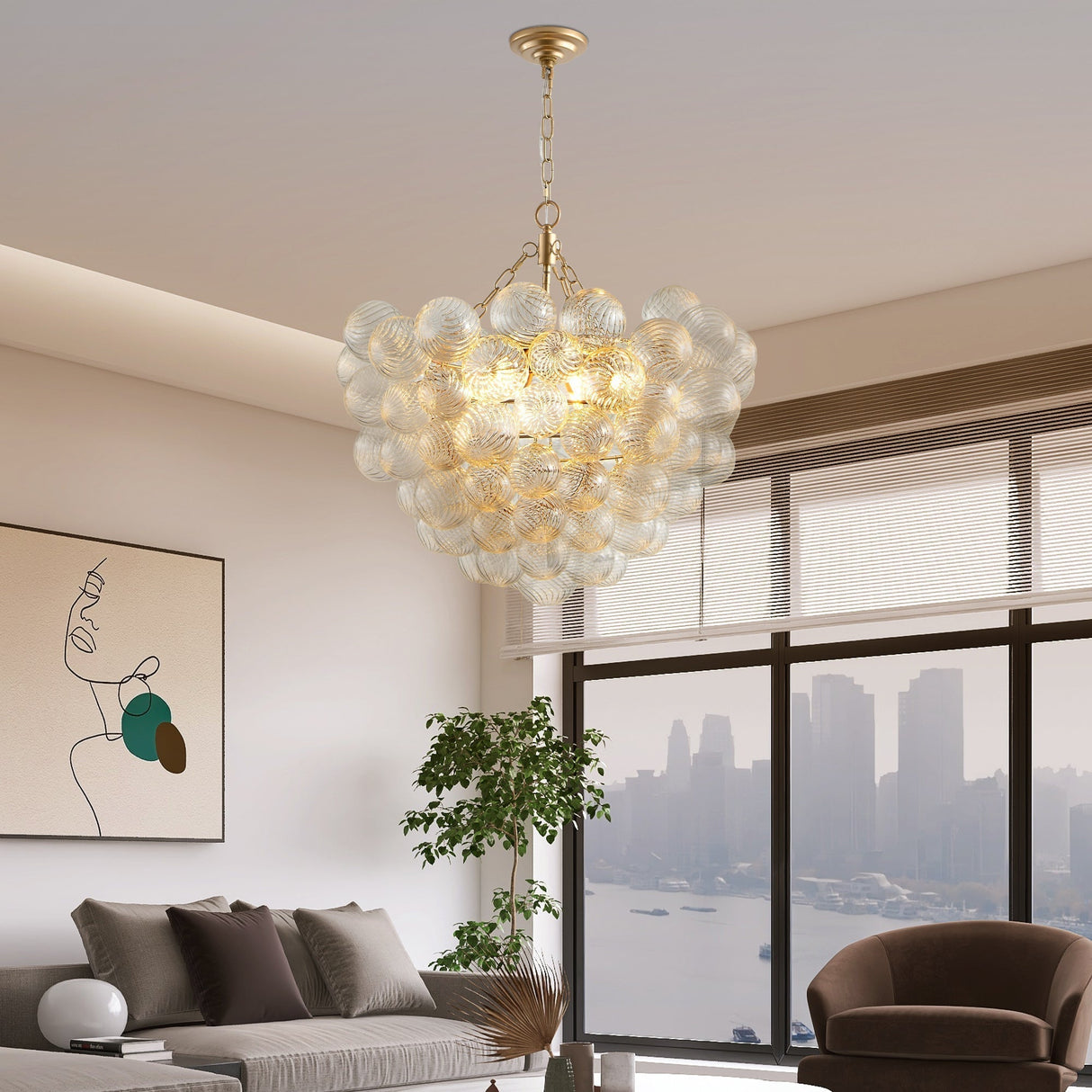 23.6-Inch Gold Pendant Light Chandelier with Threaded Clear Glass Globe Shade