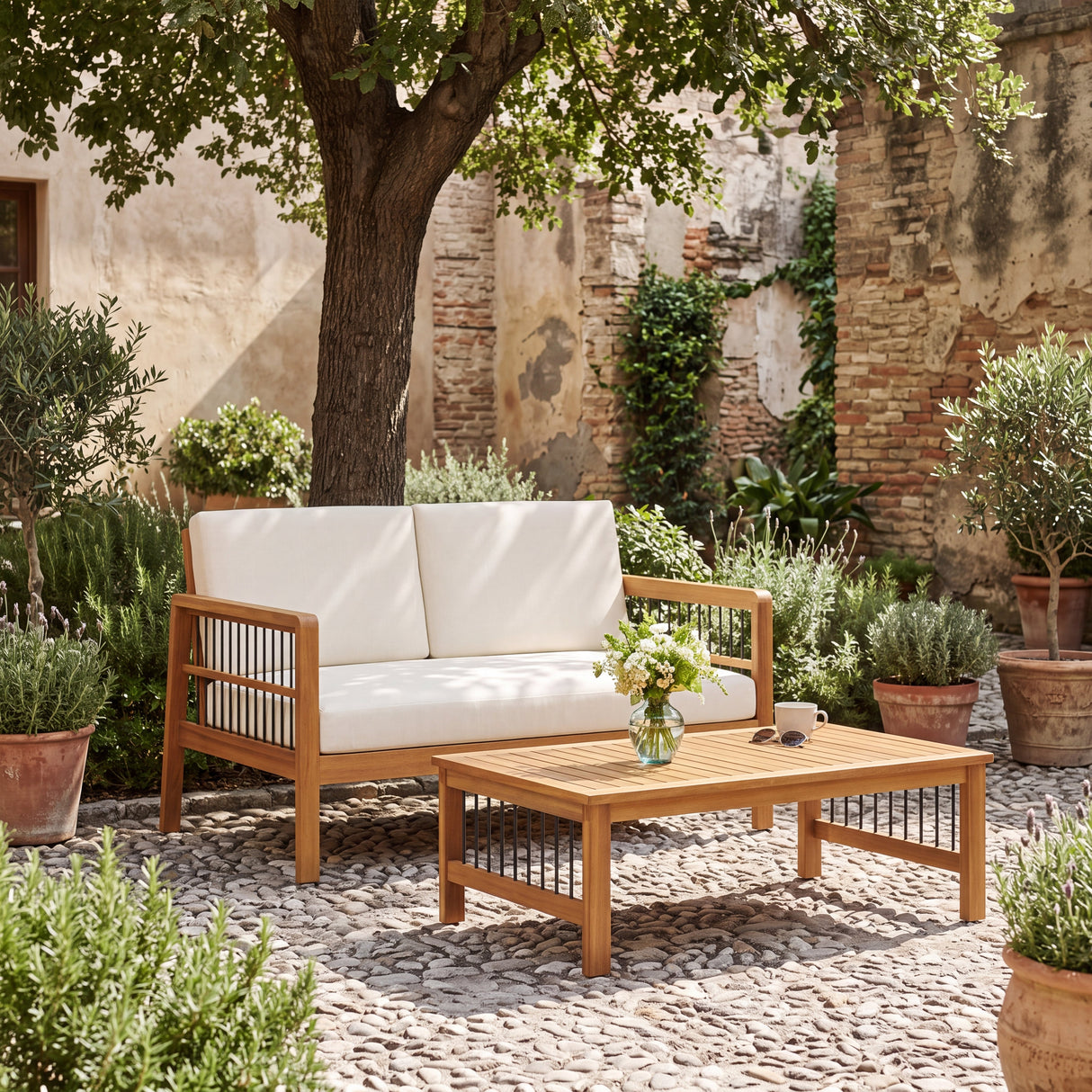 Outdoor Acacia Wood and Iron Loveseat and Coffee Table Set with Cushions, Teak