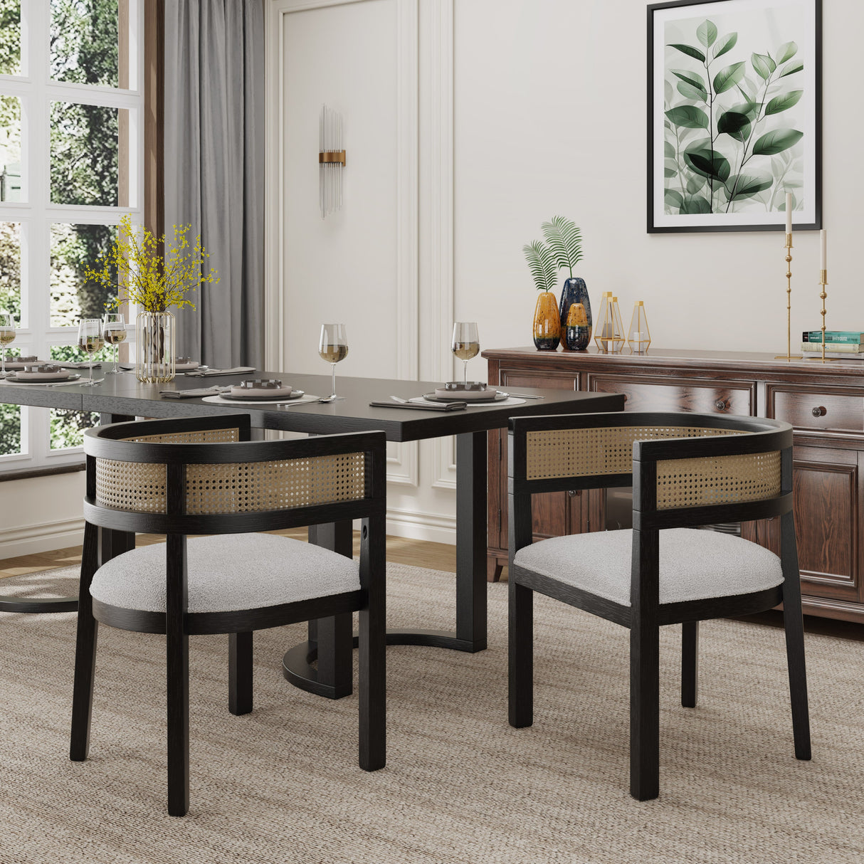 Barrel Dining Chair with Rattan Back, Set of 2