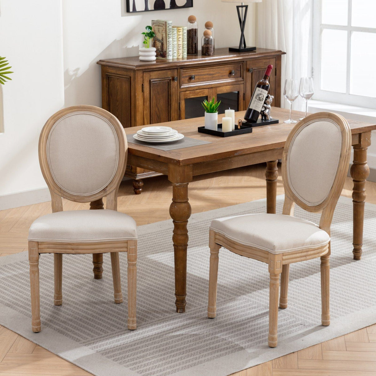 French Style Solid Wood Frame Antique Painting Fabric Back Dining Chair (Set of 2)