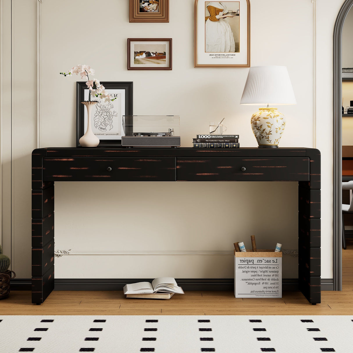Curved Console Table with StorageDistressed Black
