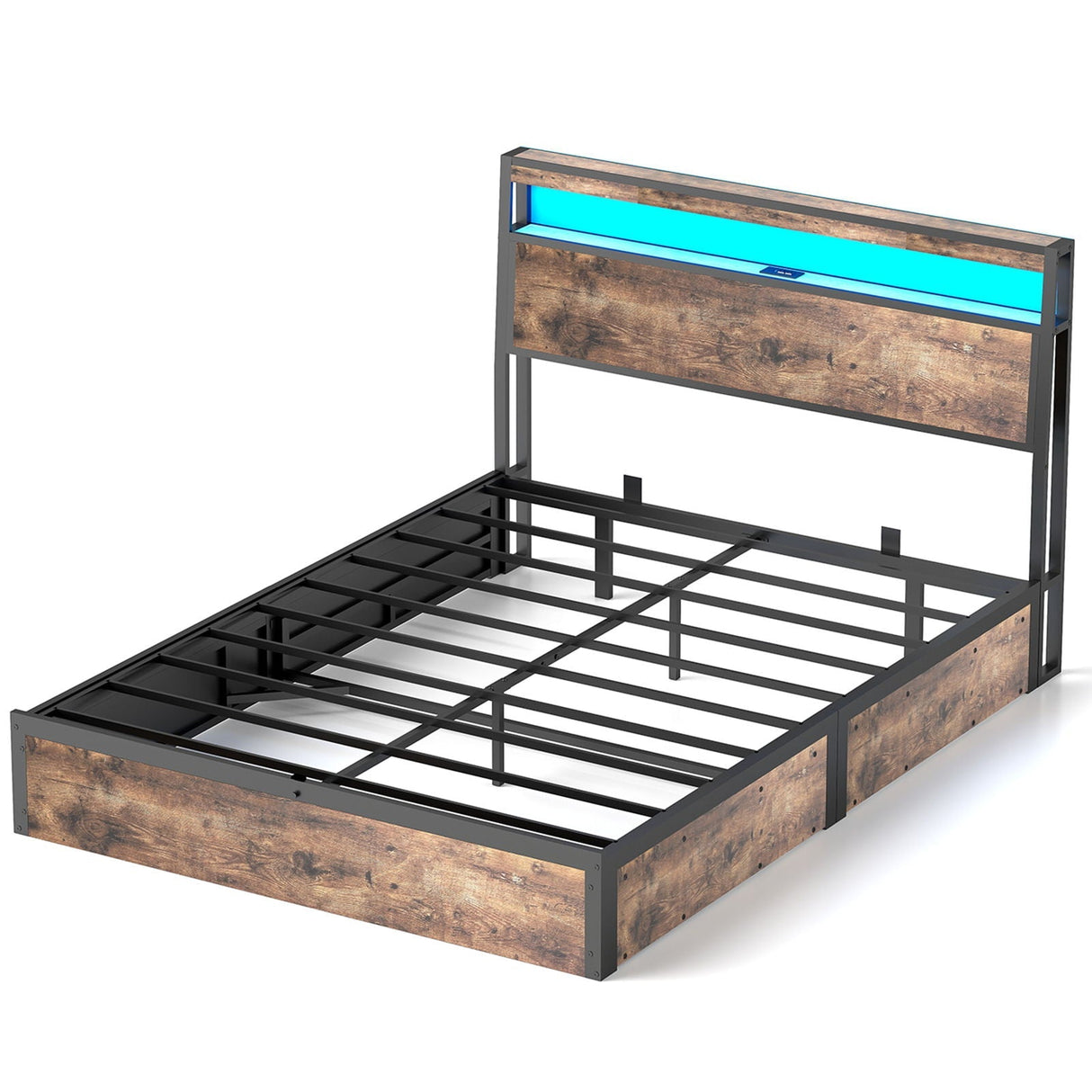 Frame With Hydraulic Lift Storage, RGB LED Lights & Multi-Port Charging, No Box Spring Needed