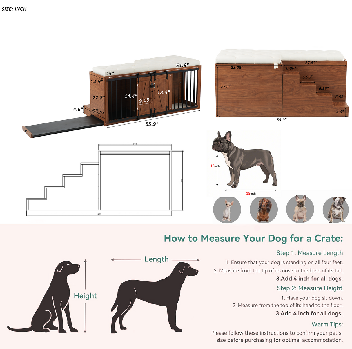2 in 1 Dog Crate with Padded Seat Walnut 56'L Furniture Style