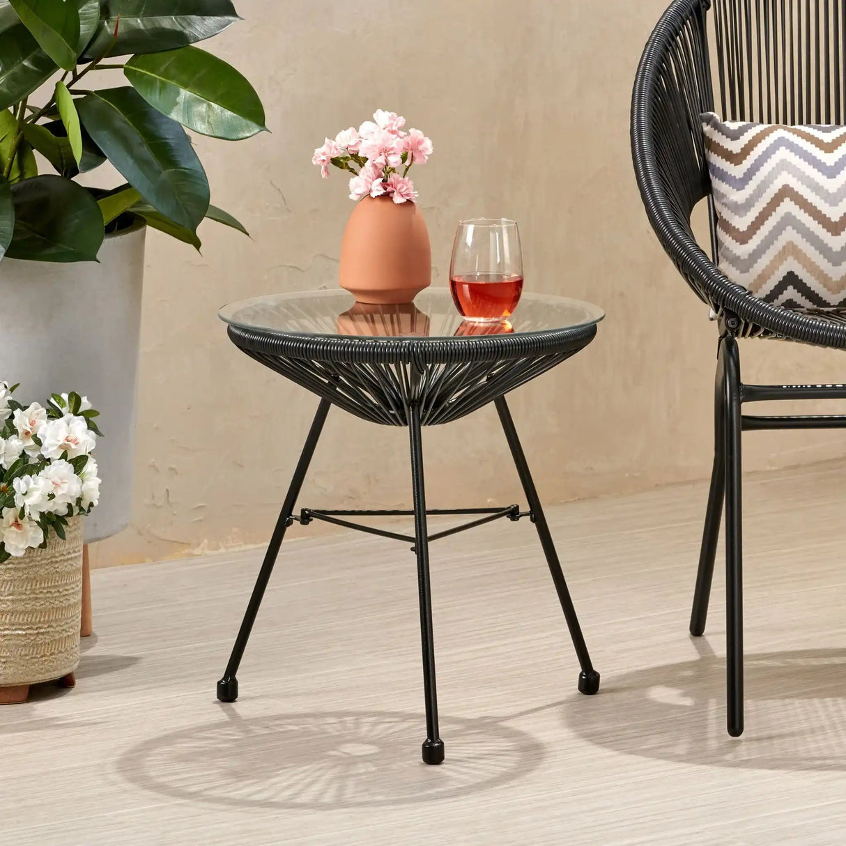 Nusa Modern Rattan Side Table with Tempered Glass Top