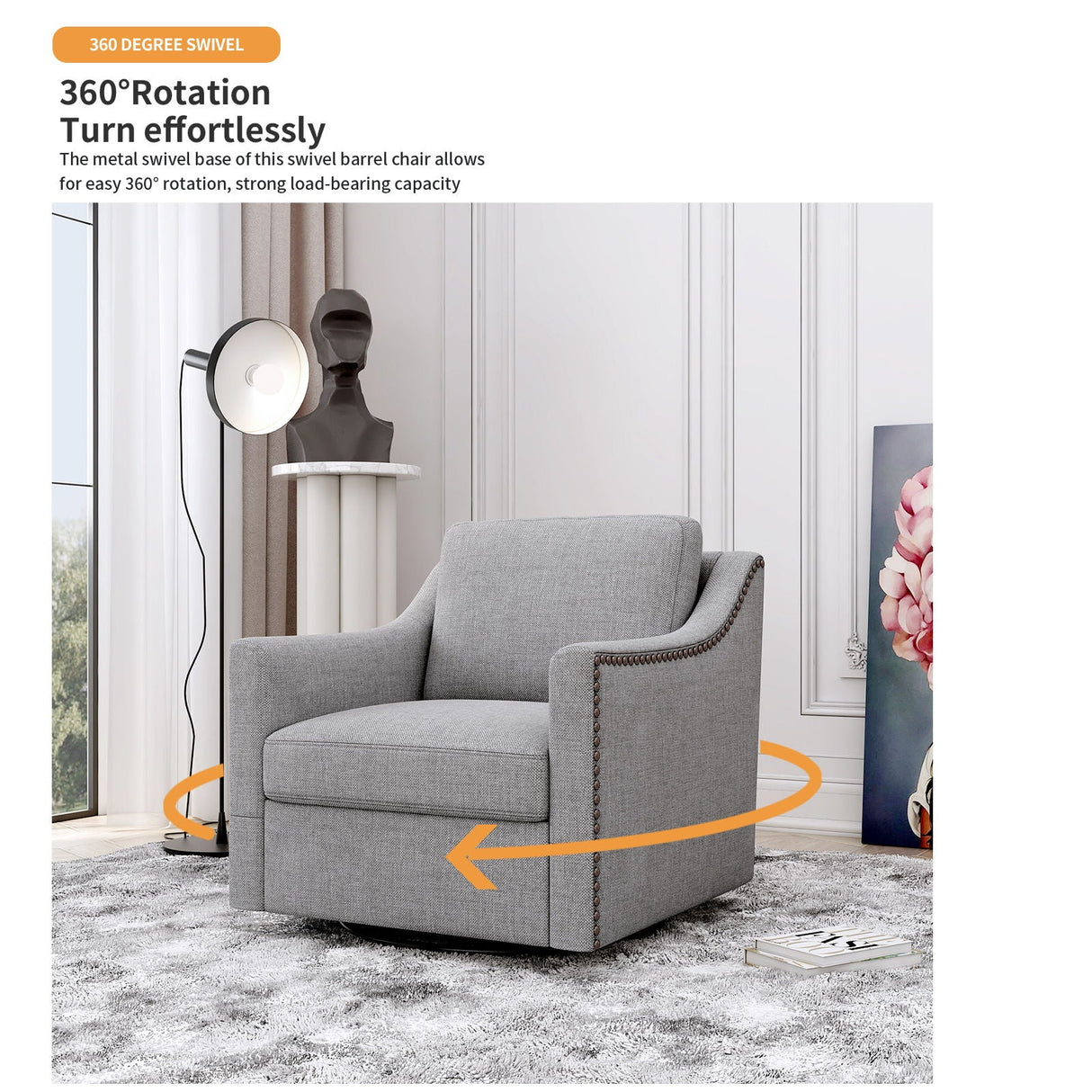 360 Degree Swivel Armchair, Skin Friendly Fabric, Ergonomic Design, Brass Nail Decorative Armchair