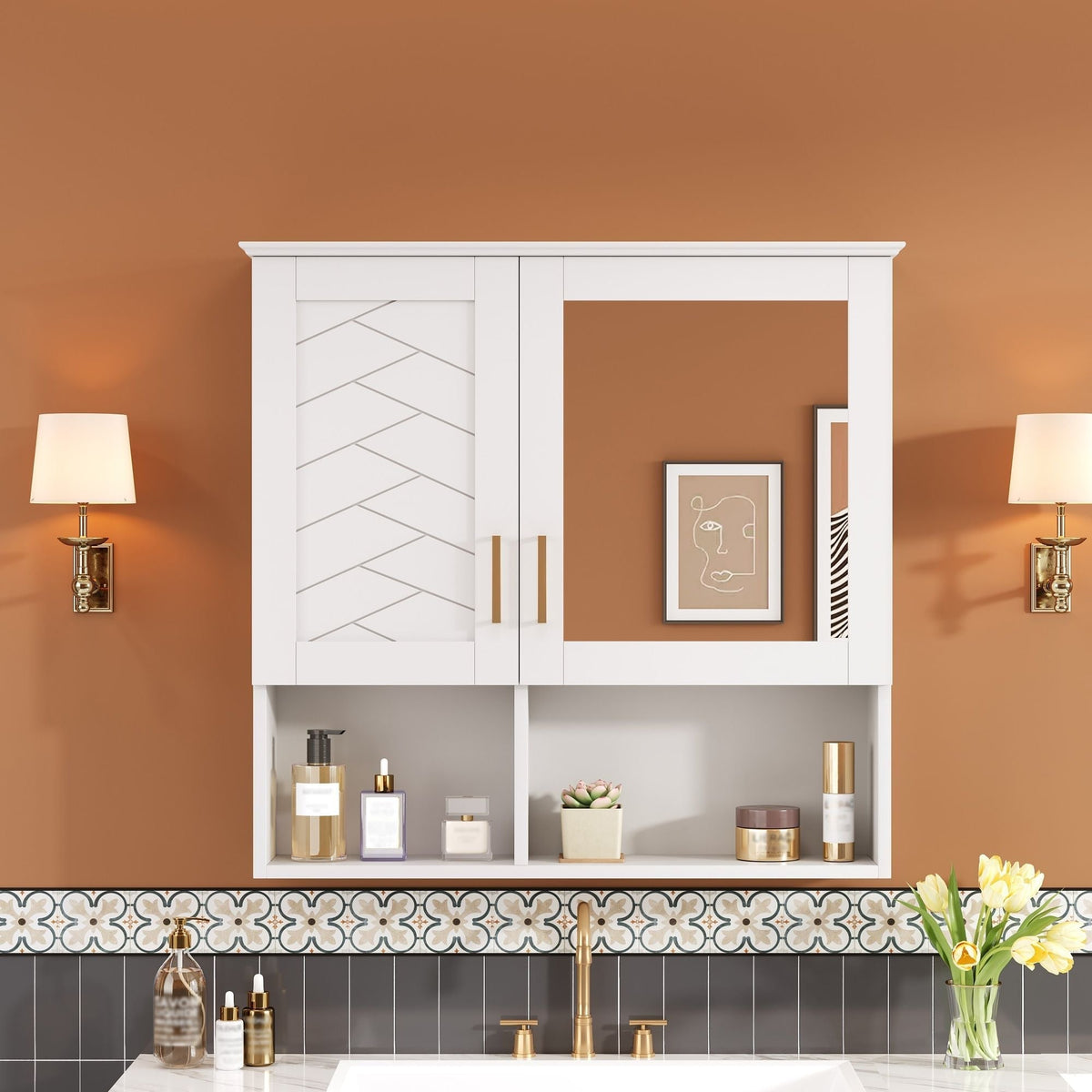 2 In 1 Wall-Mounted Mirror Cabinet with Adjustable Shelves - White, Blue, Black