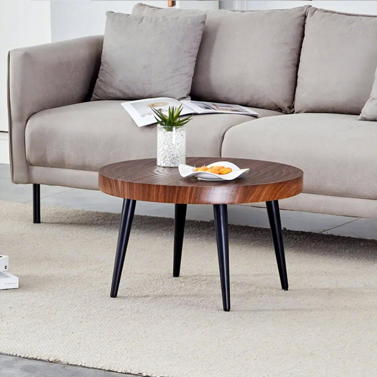Modern Round Coffee Table - Walnut Pattern MDF And Black Metal Legs
