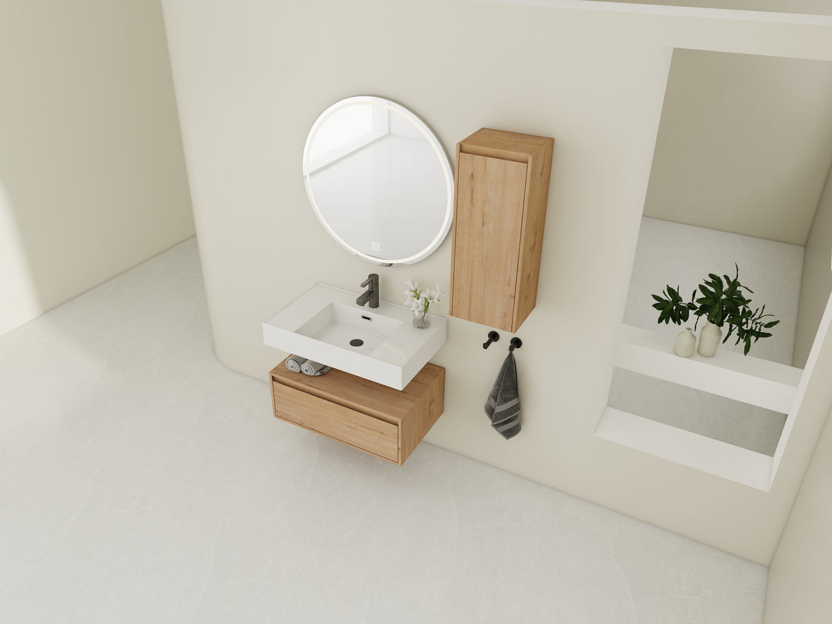 30-Inch Wall-Mounted Bathroom Vanity with Resin Sink and Side Cabinet