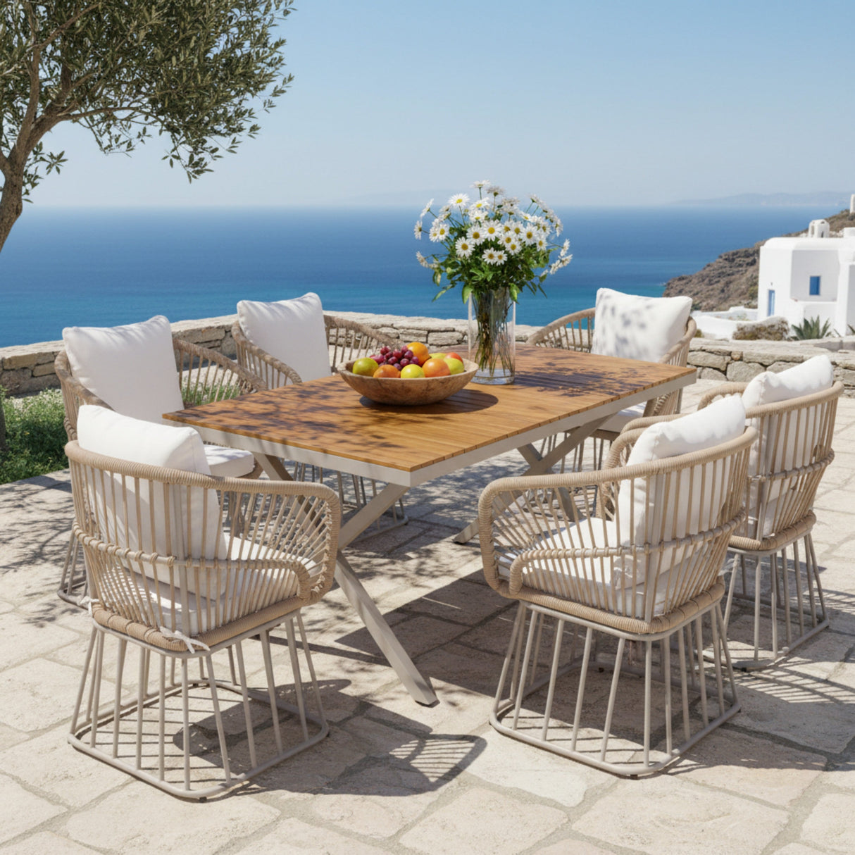 Outdoor 7-Piece Dining Set - Rectangular Teak Wood Table + 6 Wicker Chairs