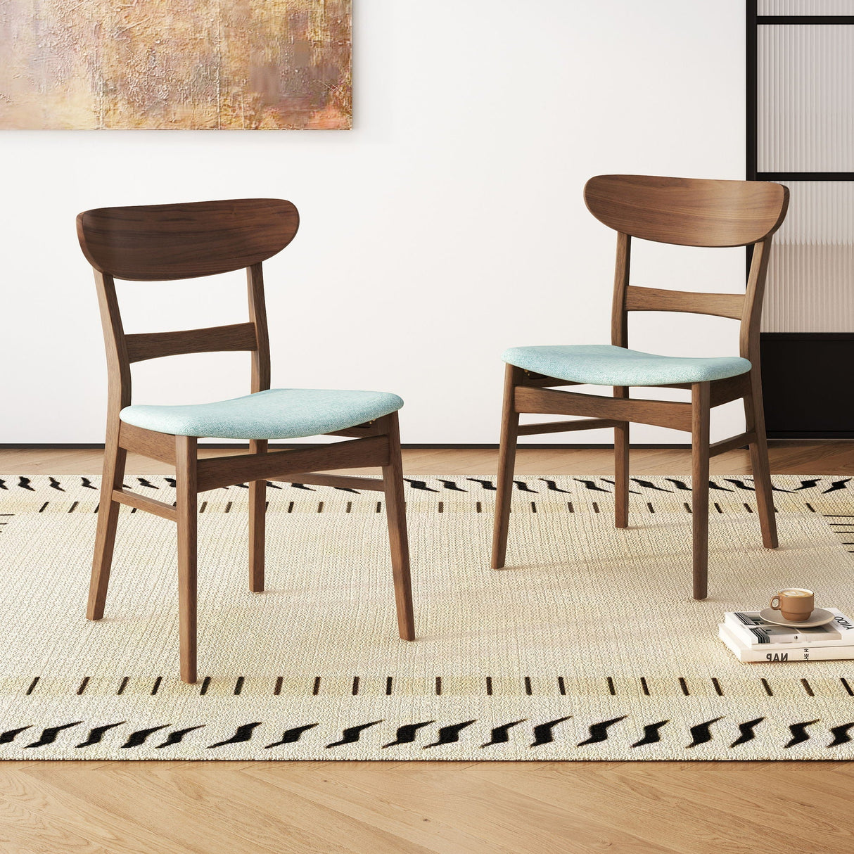 Mid Century Dining Chairs with Cushioned Seats and Wood Frame (Set of 2)