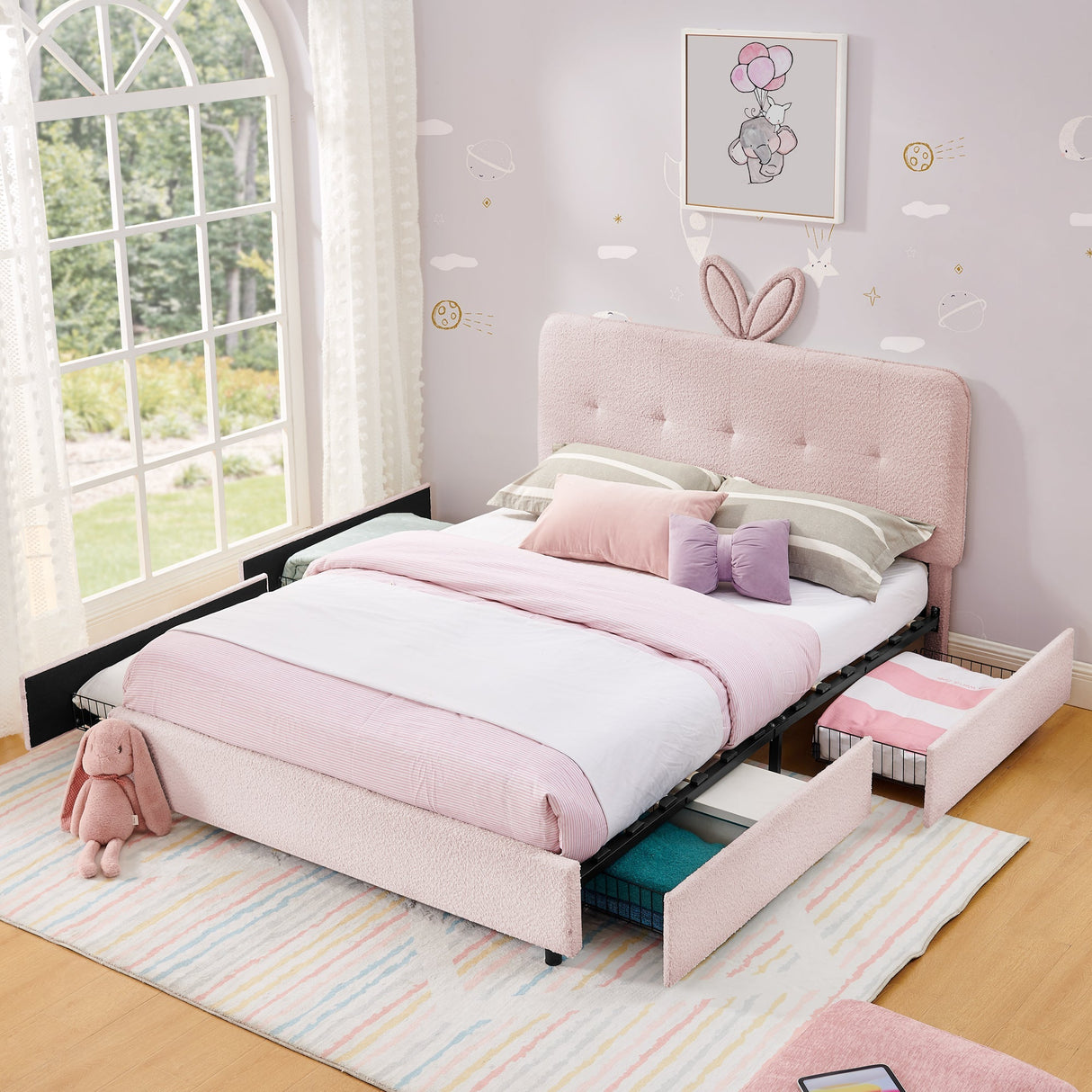 Full Size Kids Upholstered Bed with Oversized Rabbit Ear Headboard, LED Light & 4 Storage Drawers, Boucle Fabric (79.5''X55.75''X41'')