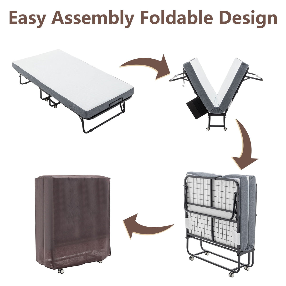 Foldable Metal Frame Bed For Guest With Memory Foam Mattress On Wheels, Saving Space Rollaway Bed