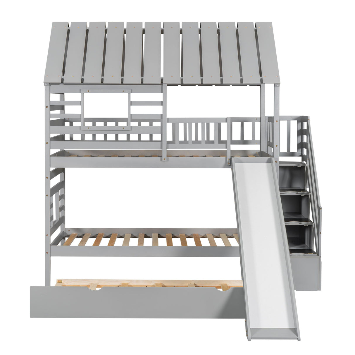 House Bunk Bed With Trundle, Storage Staircase, Roof And Window Design