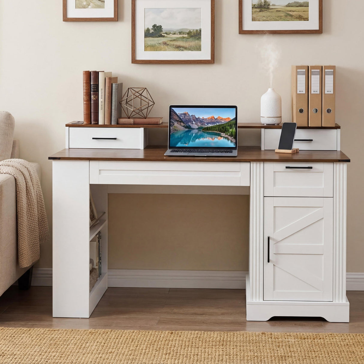 55" Farmhouse Office Desk with Storage Cabinet & Charging Station