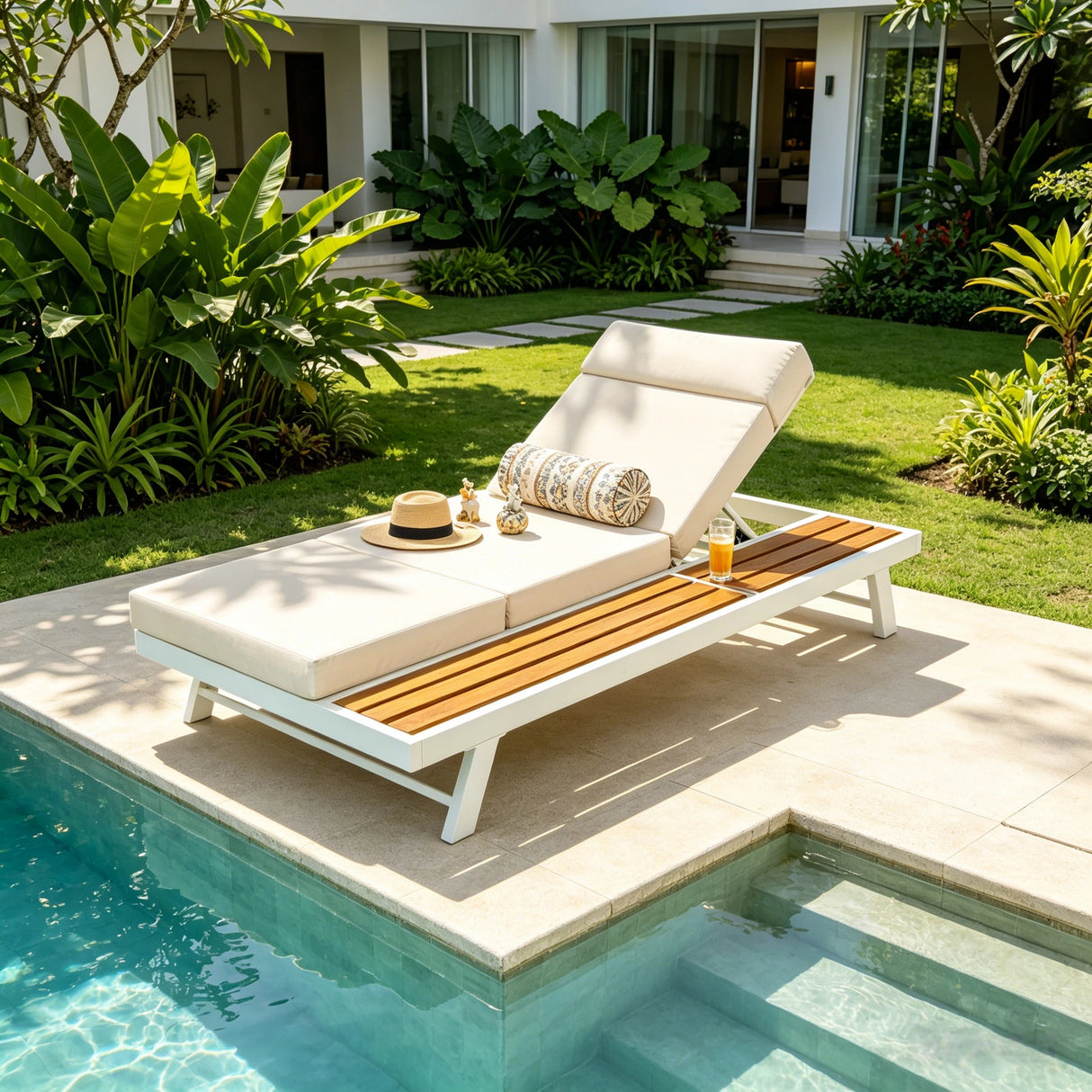 White Iron and Teak Finish Outdoor Chaise Lounge Set