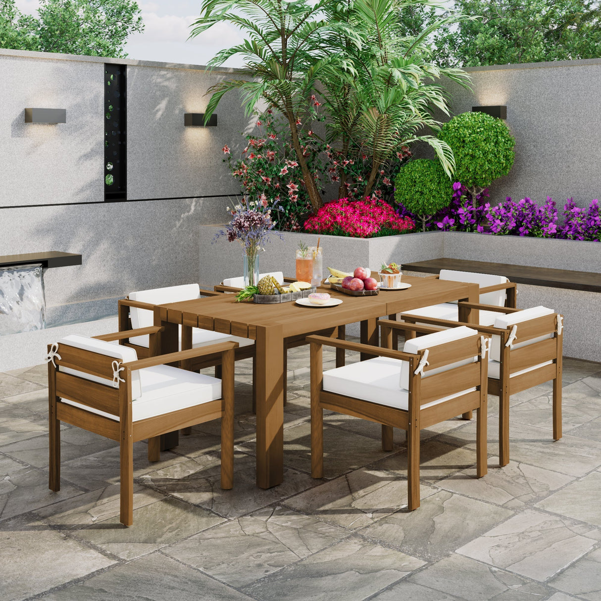 TREXM 7-Piece Patio Dining Table Set for 6,Outdoor Furniture Sets with 72.8'Rectangle Table,Patio Table and Chairs Set with Removable Cushions for Backyard,Garden,Poolside(Light Teak+Beige Cushion)